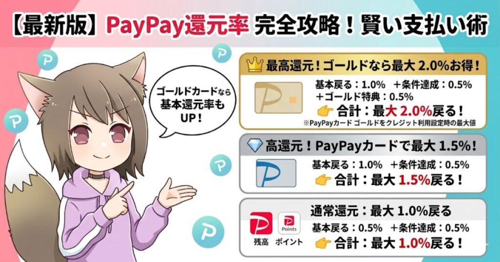 「PayPay還元率完全攻略！賢い支払い術」の文字と、PayPayカードゴールドなどで最大2.0%還元になる仕組みを解説する女の子のアイキャッチ画像