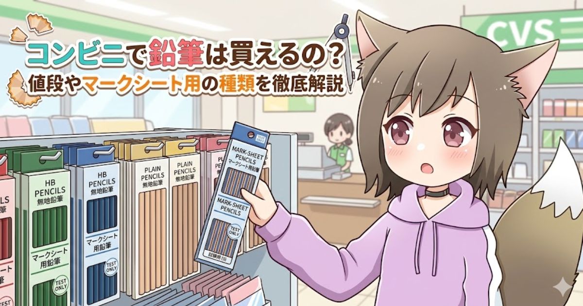 ンビニエンスストアのステーショナリーセクションで、陳列棚からマークシート用鉛筆を手に取る獣耳の女性キャラクター。背景には他の商品が並ぶ棚と、レジにいる別の店員が描かれている。左上には「コンビニで鉛筆は買えるの?」と「値段やマークシート用の種類を徹底解説」という日本語のタイトルテキストが配置されている。