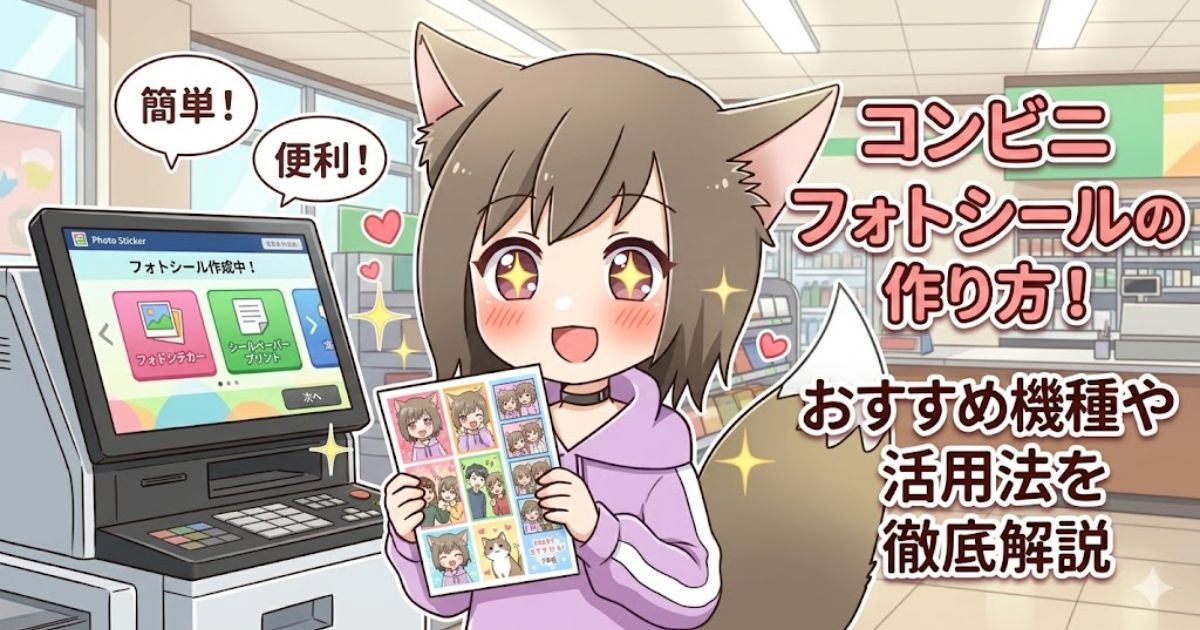 コンビニでフォトシールを作成し、完成したシールシートを嬉しそうに見せるキツネ耳のキャラクターのアイキャッチ画像