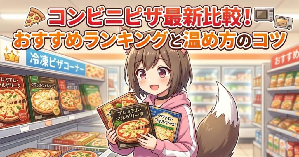 「コンビニピザ最新比較!おすすめランキングと温め方のコツ」というタイトルと、コンビニで冷凍ピザを手にして喜ぶ獣耳の女の子のイラスト