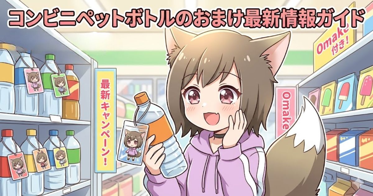 狐耳の女性キャラクターがコンビニで、おまけのキーホルダー付きペットボトルを手に持つアニメイラスト。棚には様々なおまけ付きボトルが並び、「コンビニペットボトルのおまけ最新情報ガイド」と見出しがある。