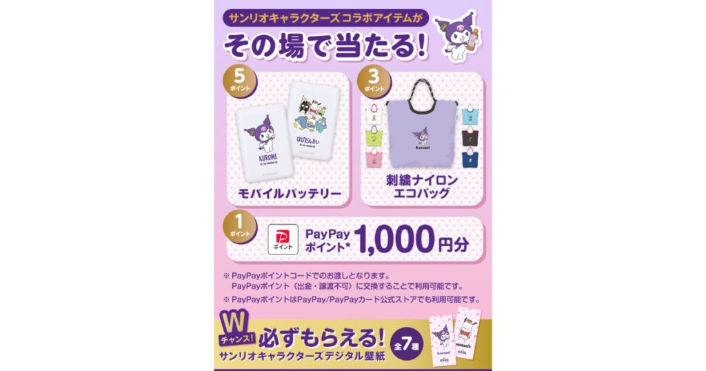 サンリオキャラクターズコラボキャンペーンのポスター。「その場で当たる！」とあり、クロミのモバイルバッテリーやエコバッグ、PayPayポイントがポイント数ごとに紹介されている。下部には「Wチャンス！必ずもらえる！デジタル壁紙」の告知がある。