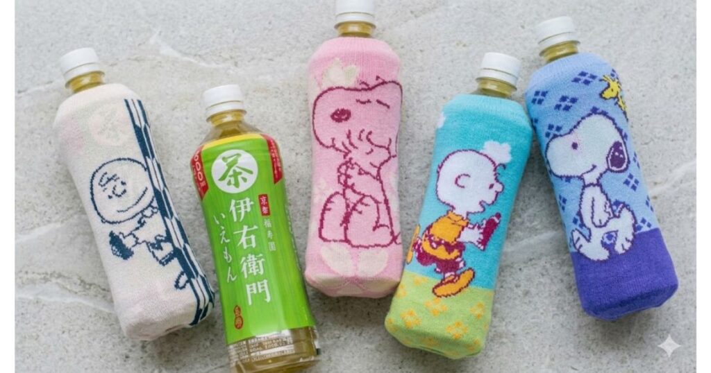 石畳の背景に並ぶ5本のペットボトル。1本は伊右衛門のラベルが見え、他の4本はピーナッツのキャラクター（チャーリー・ブラウン、スヌーピー）の柄のニットボトルカバーに包まれている。