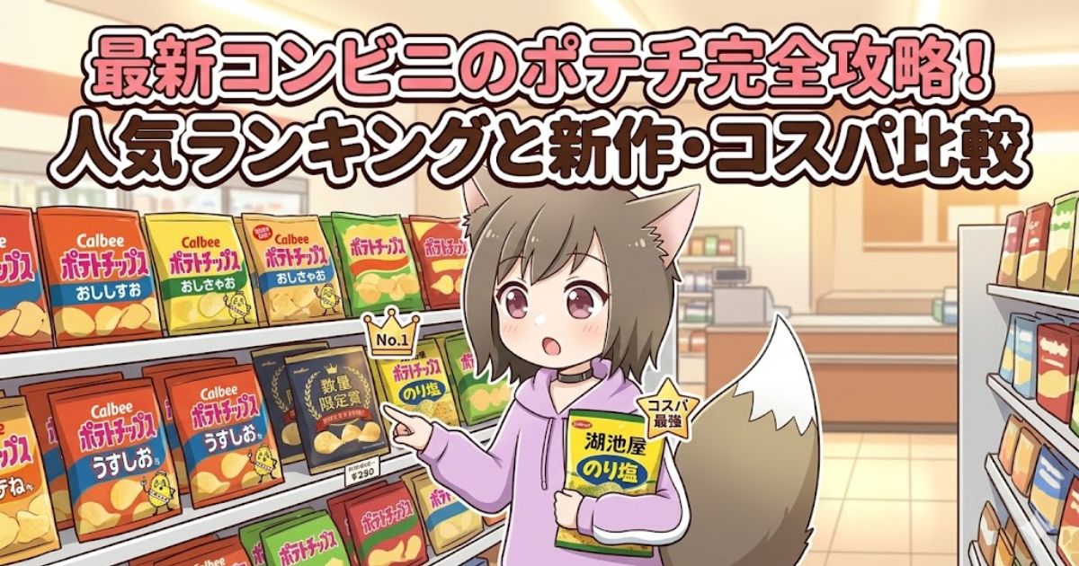 コンビニのポテトチップス棚の前で商品を選ぶ女性のイラスト。「最新コンビニのポテチ完全攻略！人気ランキングと新作・コスパ比較」