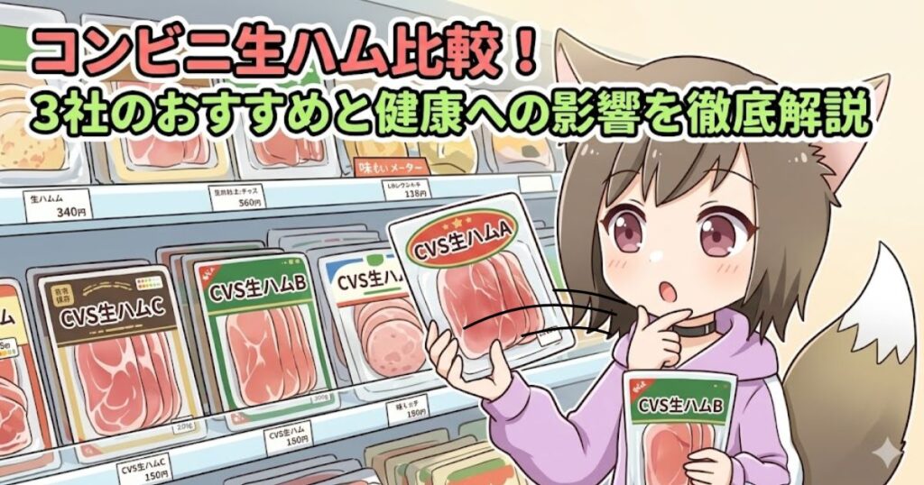 コンビニの棚の前で生ハムを比較して選ぶ女性キャラクターのイラスト。「コンビニ生ハム比較!3社のおすすめと健康への影響を徹底解説」のタイトル文字入り