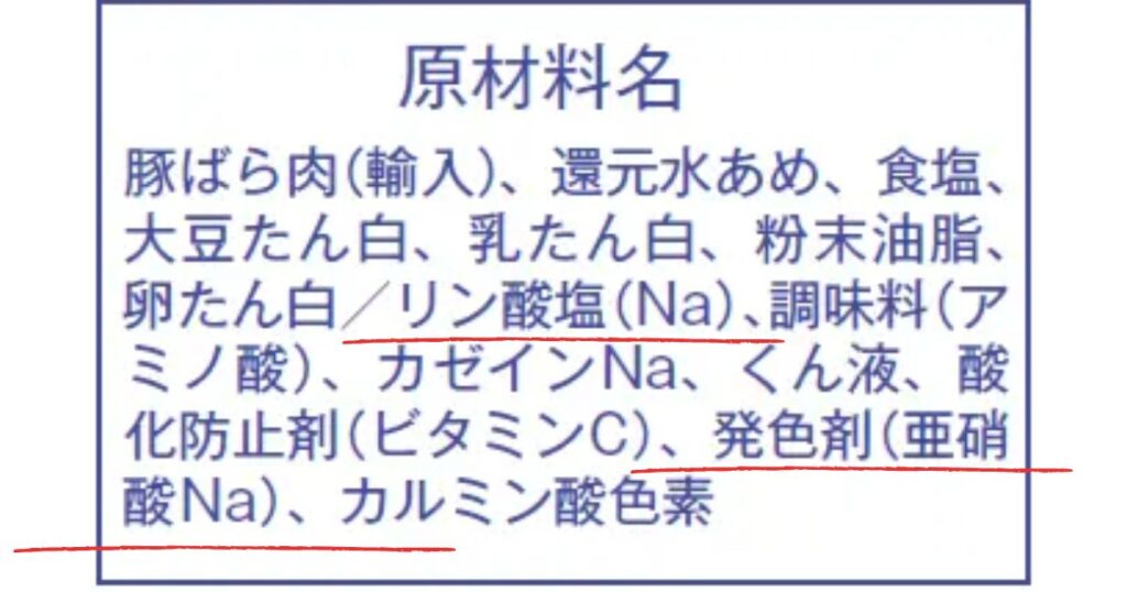 生ハムの原材料名表示。食品添加物である「リン酸塩(Na)」「発色剤(亜硝酸Na)」「カルミン酸色素」の部分に赤いアンダーラインが引かれている様子