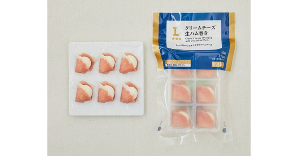 ローソン「クリームチーズ生ハム巻き」のパッケージと、白いお皿の上に並べられた6個の商品