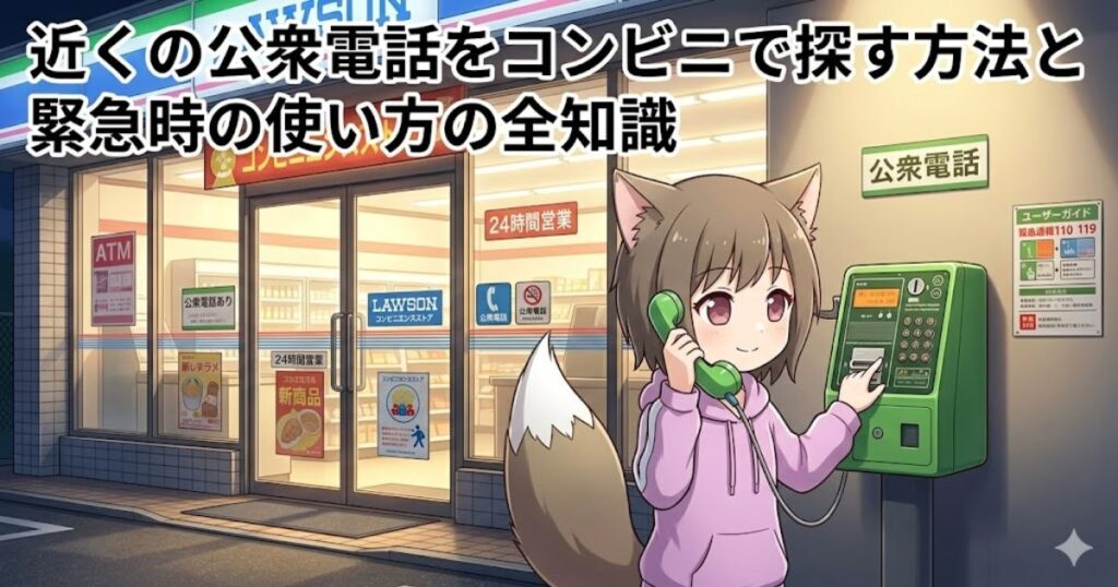 夜のコンビニエンスストア前で公衆電話を利用する女の子のイラストと「近くの公衆電話をコンビニで探す方法と緊急時の使い方の全知識」のタイトル文字