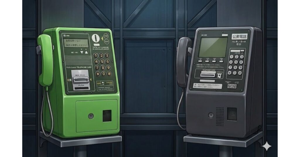 緑色のアナログ公衆電話と灰色のデジタル公衆電話が並んで設置されている様子