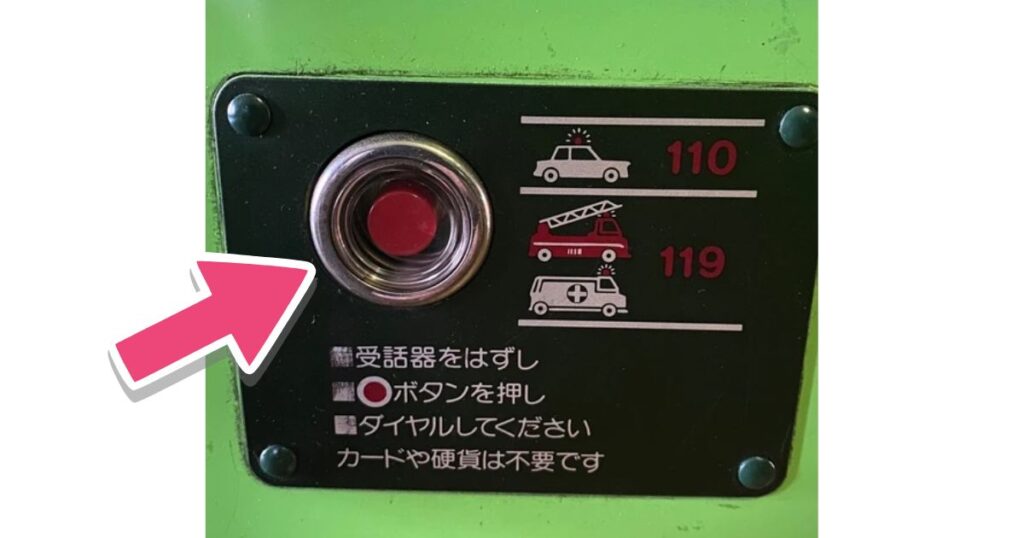 硬貨なしで110番や119番へかけるための、緑色の公衆電話の赤い緊急通報ボタン