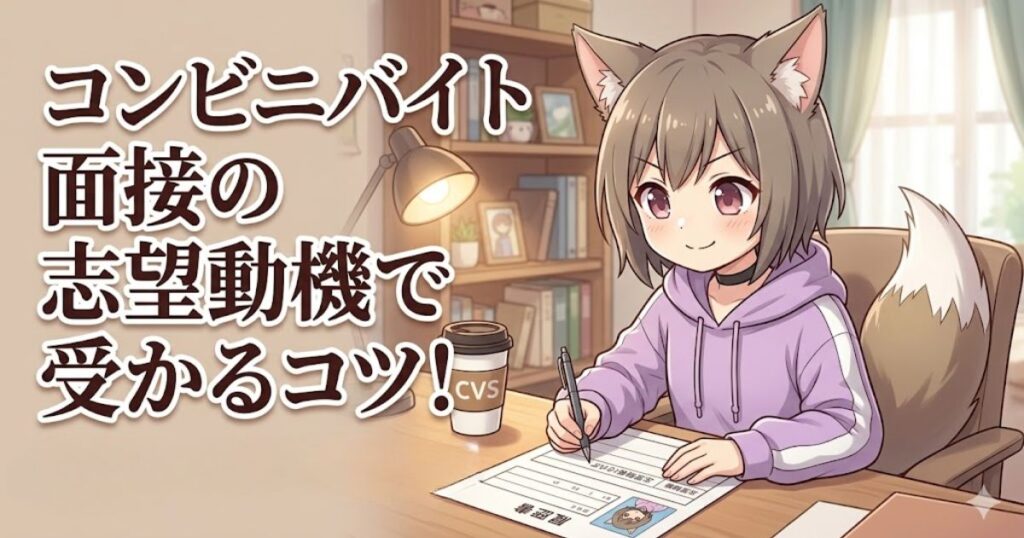 「コンビニバイト面接の志望動機で受かるコツ！」というタイトルと、履歴書を書いている女の子のイラスト