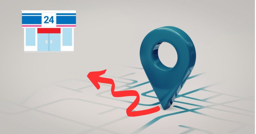 コンビニの店舗アイコンと、地図上の目的地へ向かう赤い矢印のイラスト（通勤のしやすさ・家からの近さを表現）