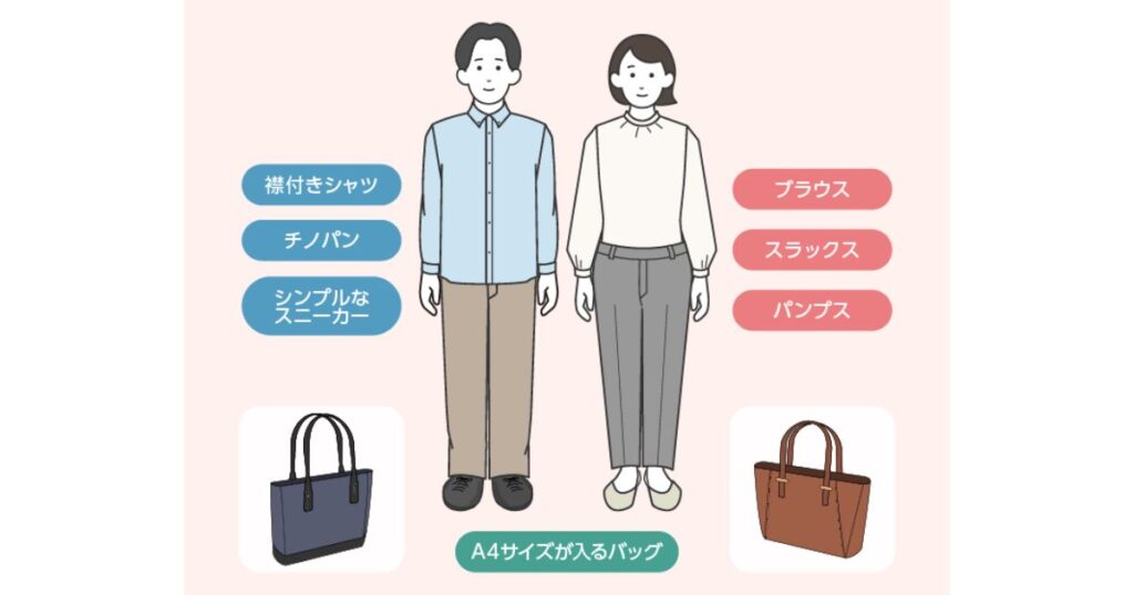 面接時の服装例のイラスト。男性は襟付きシャツにチノパン、女性はブラウスにスラックスで、ともにA4サイズの入るバッグを所持