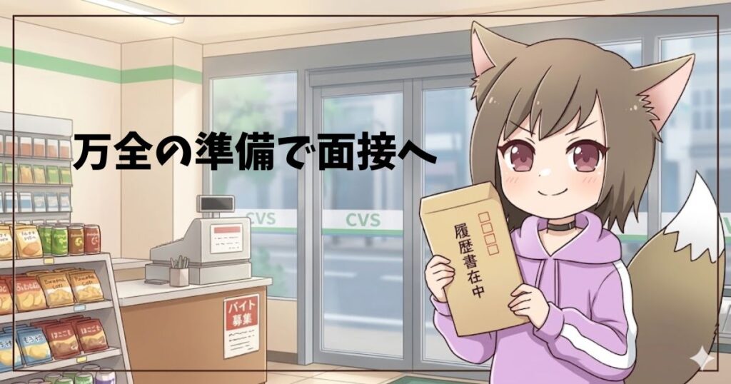 「万全の準備で面接へ」というテキストと、履歴書の入った封筒を持ってコンビニの前に立つ女の子のイラスト