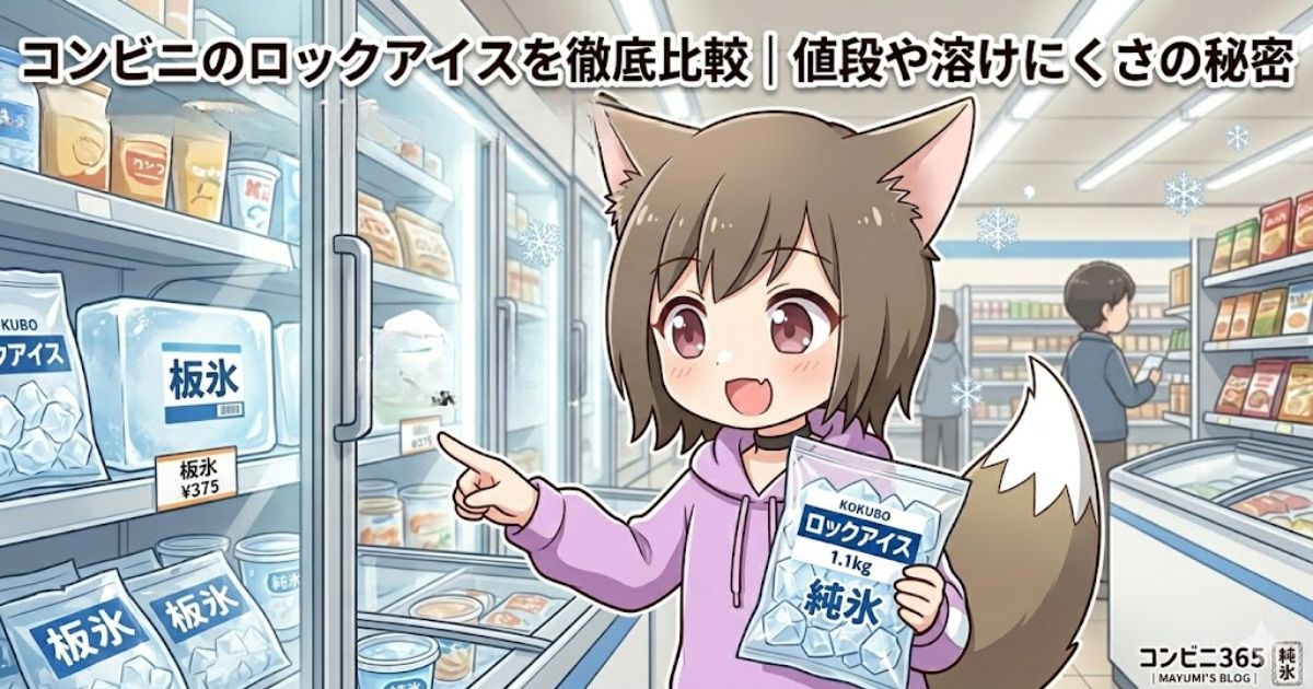 コンビニの冷凍ケースの前で小久保製氷のロックアイスを手にするMAYUMIのアイキャッチ画像