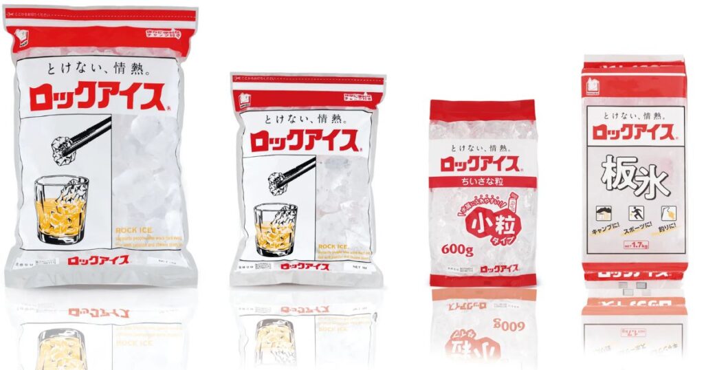 小久保製氷のロックアイス（チャック付き袋・小粒タイプ・板氷など）のサイズ別ラインナップ"