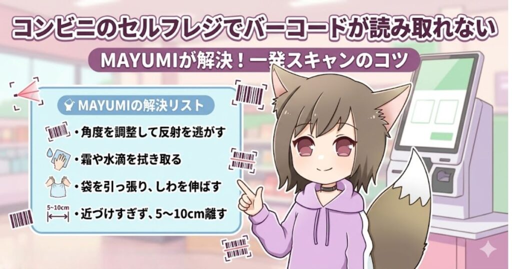 コンビニのセルフレジで氷のバーコードが読み取れない時の解決策を解説するMAYUMIのイラスト