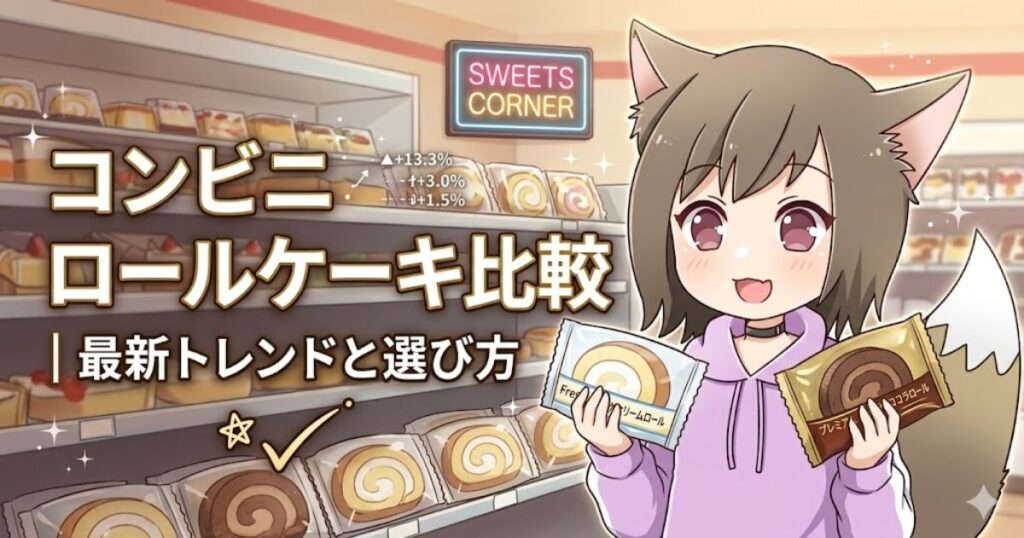 コンビニのスイーツコーナーでロールケーキを選ぶ女の子のイラストと「コンビニ ロールケーキ比較」のタイトル文字
