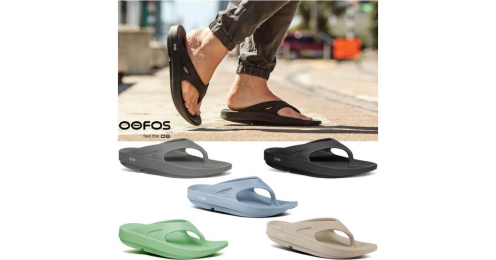 OOFOS(ウーフォス)のリカバリーサンダルの着用風景と、5色の豊富なカラーバリエーション
