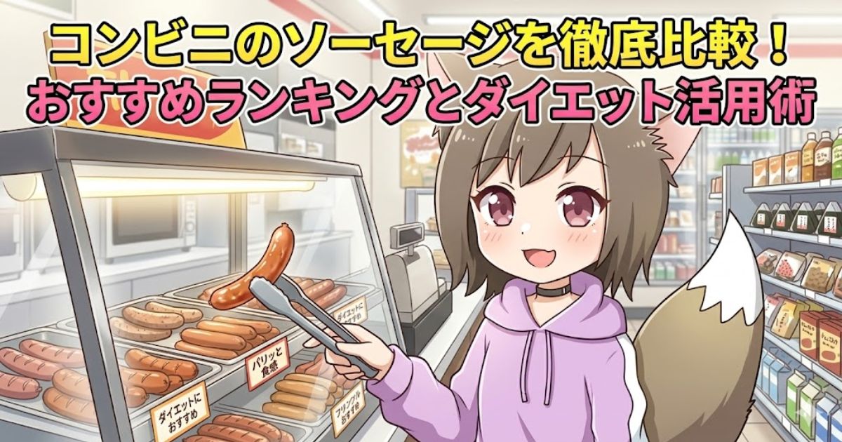 コンビニのホットスナックコーナーでソーセージを選ぶ女性キャラクターと「コンビニのソーセージを徹底比較！おすすめランキングとダイエット活用術」の文字