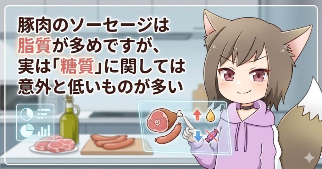 「豚肉のソーセージは脂質が多めですが、実は『糖質』に関しては意外と低いものが多い」と図解で解説する女性キャラクター