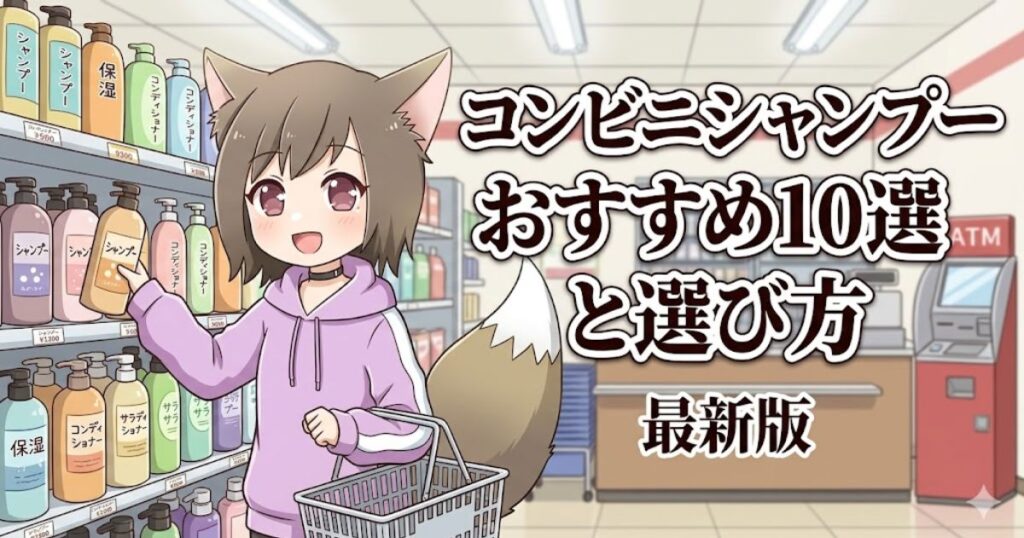 コンビニシャンプーおすすめ10選と選び方のアイキャッチ画像。コンビニでシャンプーを選ぶ女の子のイラスト