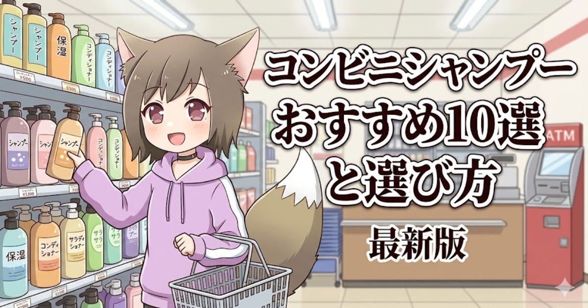 コンビニシャンプーおすすめ10選と選び方のアイキャッチ画像。コンビニでシャンプーを選ぶ女の子のイラスト