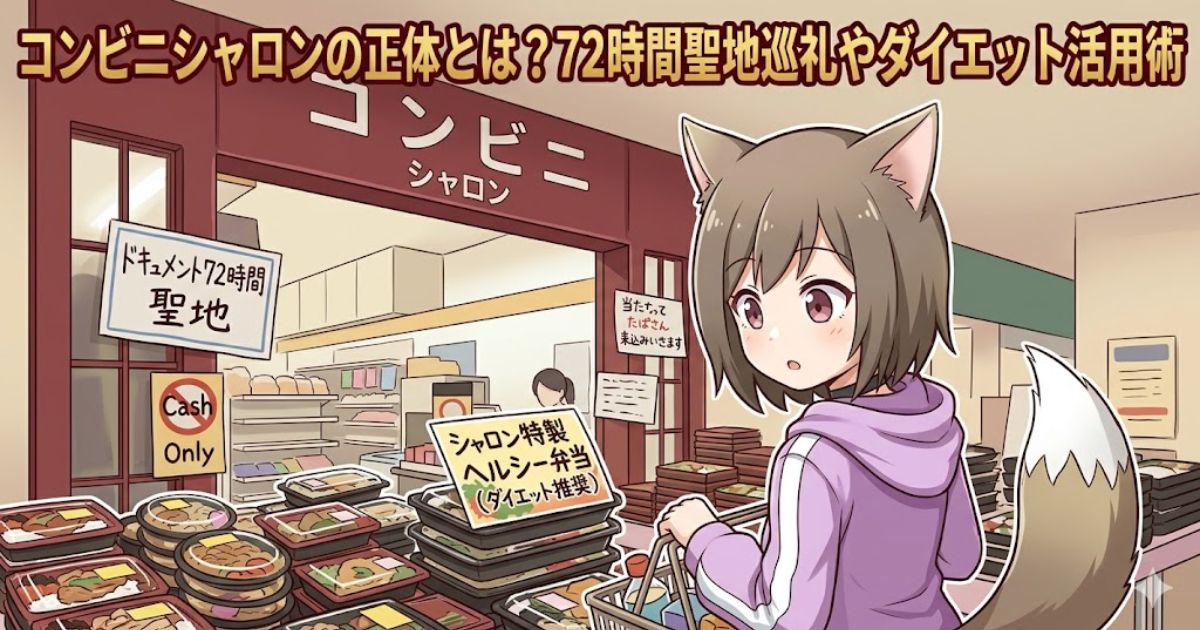 コンビニ シャロンの店内でダイエット弁当を選ぶ、狐耳のキャラクターMAYUMIを描いた記事のアイキャッチ画像