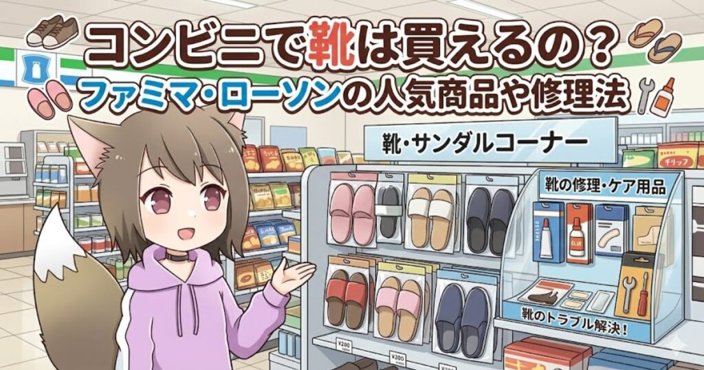 コンビニエンスストアの靴・サンダル・修理用品コーナーを紹介する女性キャラクター。「コンビニで靴は買えるの？ファミマ・ローソンの人気商品や修理法」のタイトル画像