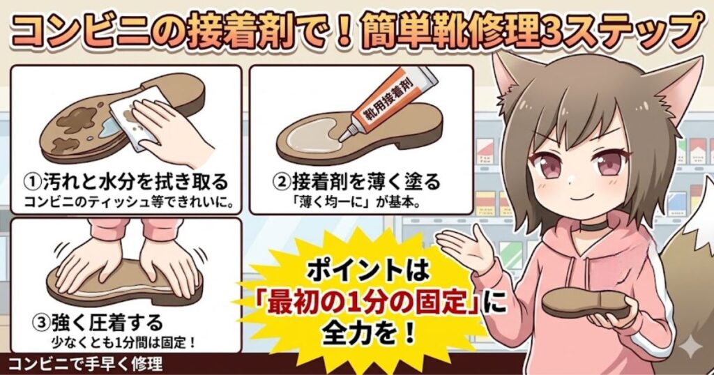 コンビニの接着剤を使った簡単な靴修理3ステップ（1.汚れと水分を拭き取る、2.接着剤を薄く塗る、3.強く圧着する）を解説するイラスト