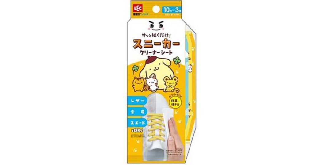 ムポムプリンがデザインされた、サッと拭くだけで汚れが落ちる携帯用スニーカークリーナーシートのパッケージ