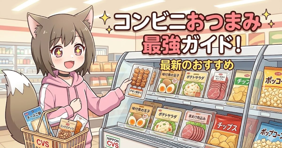 「コンビニおつまみ 最強ガイド！最新のおすすめ」のタイトル文字と、コンビニでおつまみを選ぶ女の子のアイキャッチイラスト画像