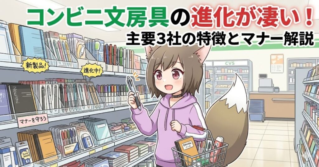 コンビニで文房具を選ぶ女の子のイラストと「コンビニ文房具の進化が凄い！」の文字が入ったアイキャッチ画像