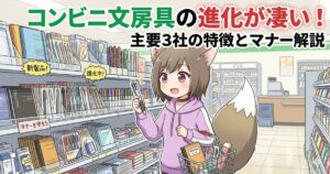 コンビニで文房具を選ぶ女の子のイラストと「コンビニ文房具の進化が凄い！」の文字が入ったアイキャッチ画像