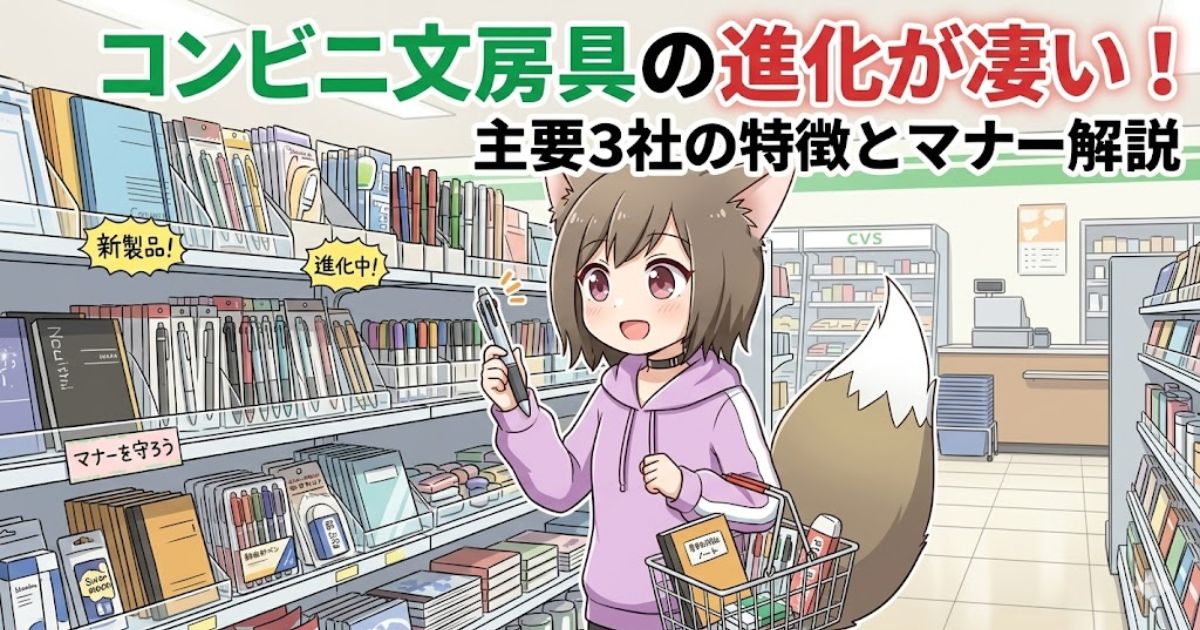 コンビニで文房具を選ぶ女の子のイラストと「コンビニ文房具の進化が凄い!」の文字が入ったアイキャッチ画像
