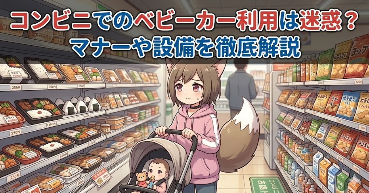 「コンビニでのベビーカー利用は迷惑?マナーや設備を徹底解説」のタイトルテキストと、店内でベビーカーを押す困り顔の女性キャラクターのイラスト
