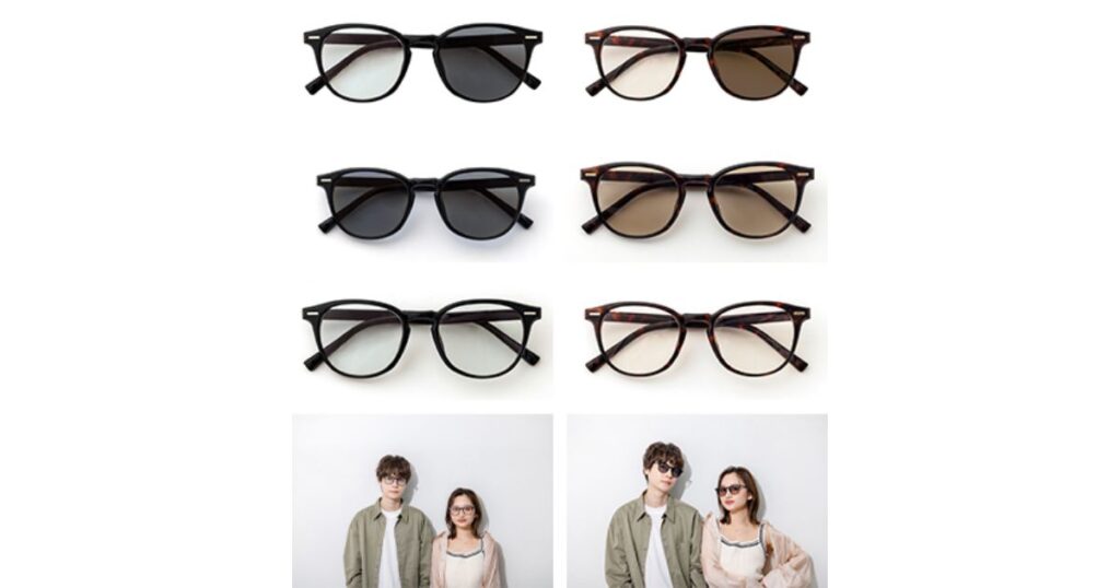 黒とべっ甲柄のフレームに、それぞれ濃淡の異なるレンズを組み合わせた4種類のサングラスの商品写真と、それを着用して並んで立つ男女のモデルの画像。