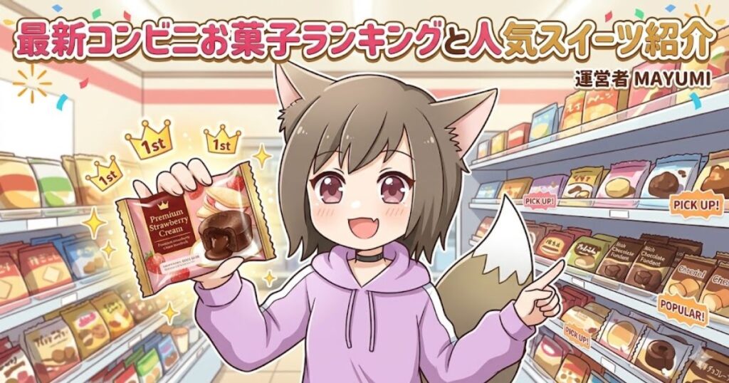 最新コンビニお菓子ランキングと人気スイーツを紹介するアイキャッチ画像。コンビニ店内でスイーツをおすすめする女性キャラクター(MAYUMI)のイラスト