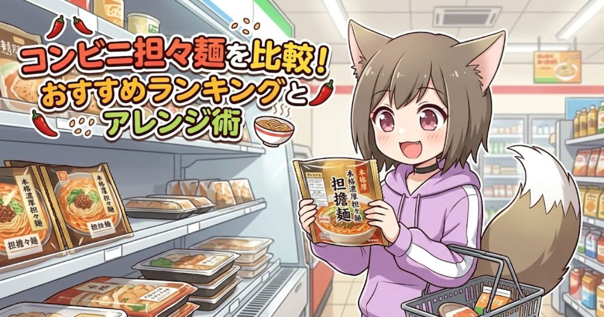 コンビニで担々麺を選ぶケモミミの女の子のイラスト