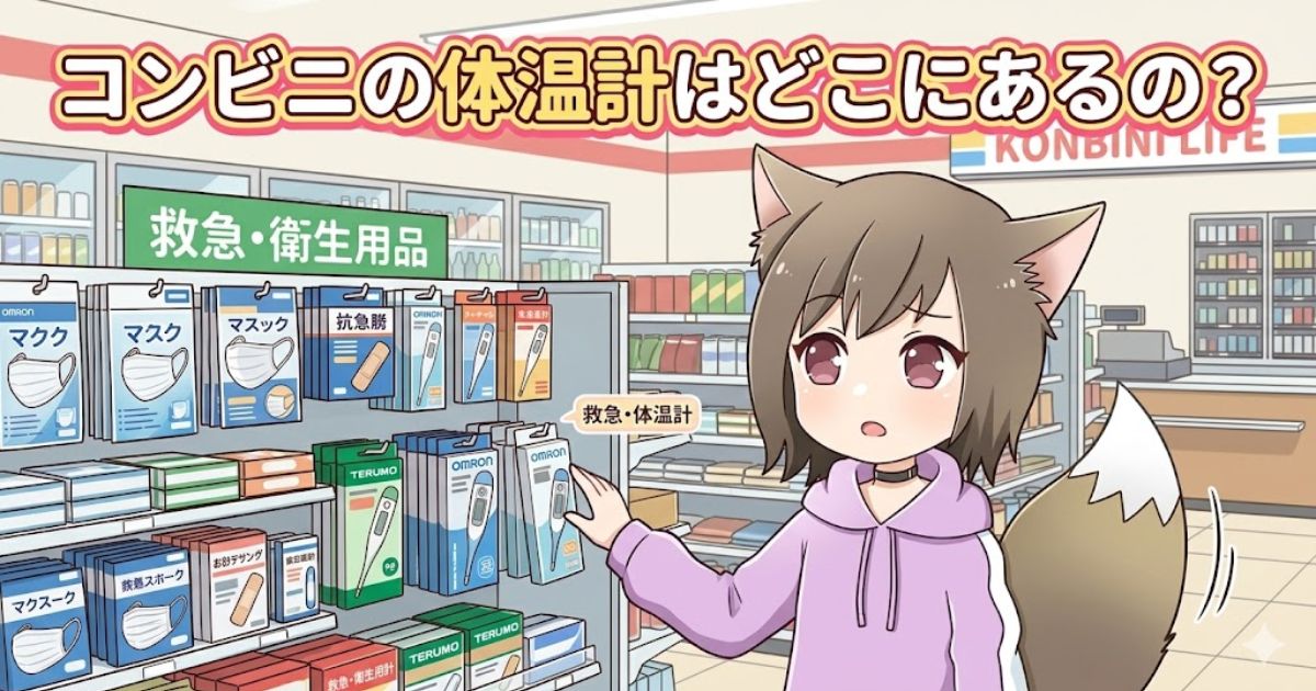 コンビニの衛生用品コーナーで体温計を探す狐耳の女の子のイラスト