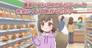 「最新！コンビニのトルティーヤ 完全ガイド」と書かれたタイトル付きの、コンビニの棚を背景に猫耳の女の子が「照り焼きチキン＆チーズ」のトルティーヤのパックを持っているイラスト。