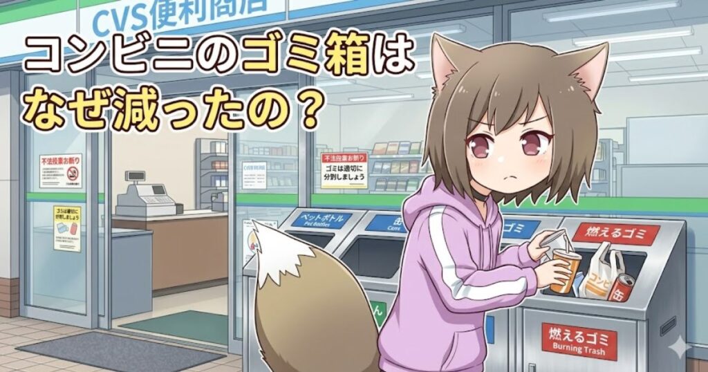 「コンビニのゴミ箱はなぜ減ったの？」というタイトルと、コンビニでゴミを捨てる女の子のイラスト