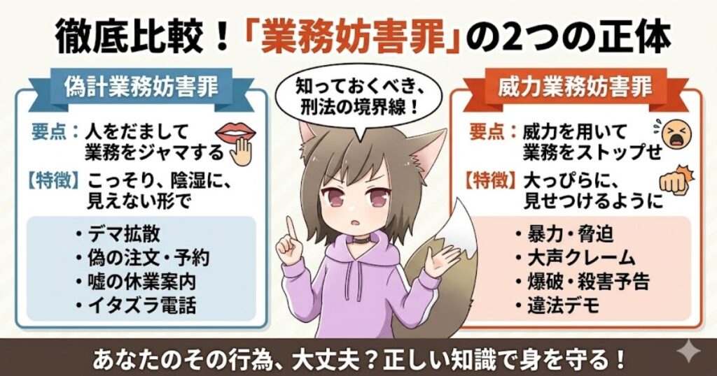 偽計業務妨害罪と威力業務妨害罪の2つの違いと特徴を分かりやすく解説した比較図解