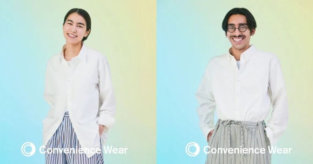 ファミリーマートの白い長袖ボタンダウンシャツを着こなす男女のモデル