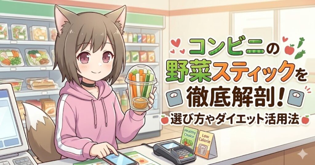 アイキャッチ画像：コンビニのレジで野菜スティックを手にする女の子のイラストと「コンビニの野菜スティックを徹底解剖！」の記事タイトル