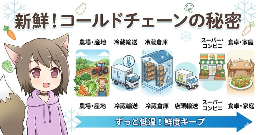 農場からコンビニ・家庭まで、ずっと低温で野菜の鮮度をキープする「コールドチェーン」の仕組みを解説した図解イラスト