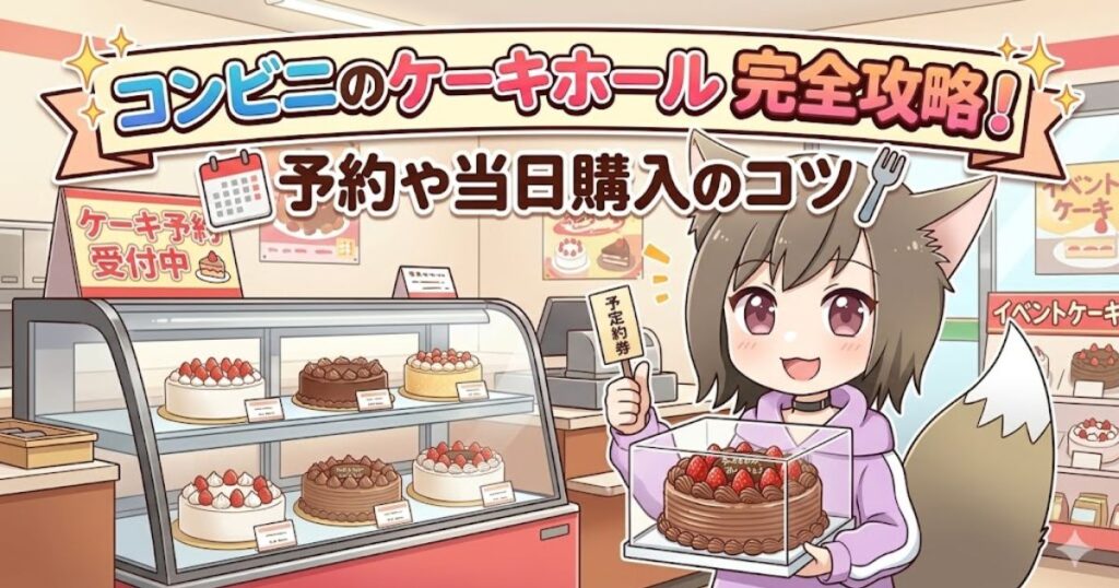 コンビニの店内を背景に「コンビニのケーキホール完全攻略！予約や当日購入のコツ」のタイトルと、チョコレートのホールケーキを持つ女の子が描かれたアイキャッチイラスト