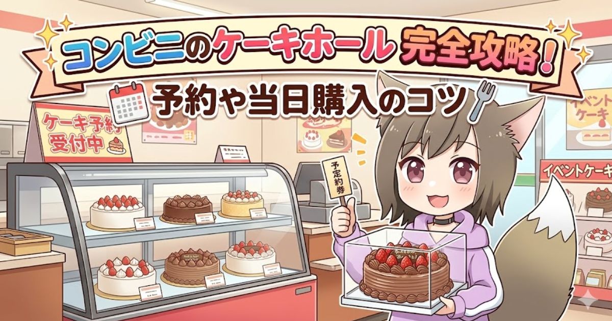 コンビニの店内を背景に「コンビニのケーキホール完全攻略！予約や当日購入のコツ」のタイトルと、チョコレートのホールケーキを持つ女の子が描かれたアイキャッチイラスト