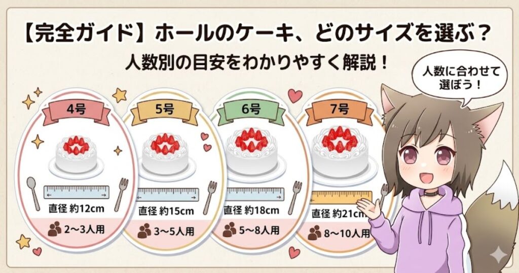 「ホールのケーキ、どのサイズを選ぶ？」というタイトルで、4号から7号までのホールケーキのサイズ（直径）と目安の人数を女の子が解説している図解イラスト
