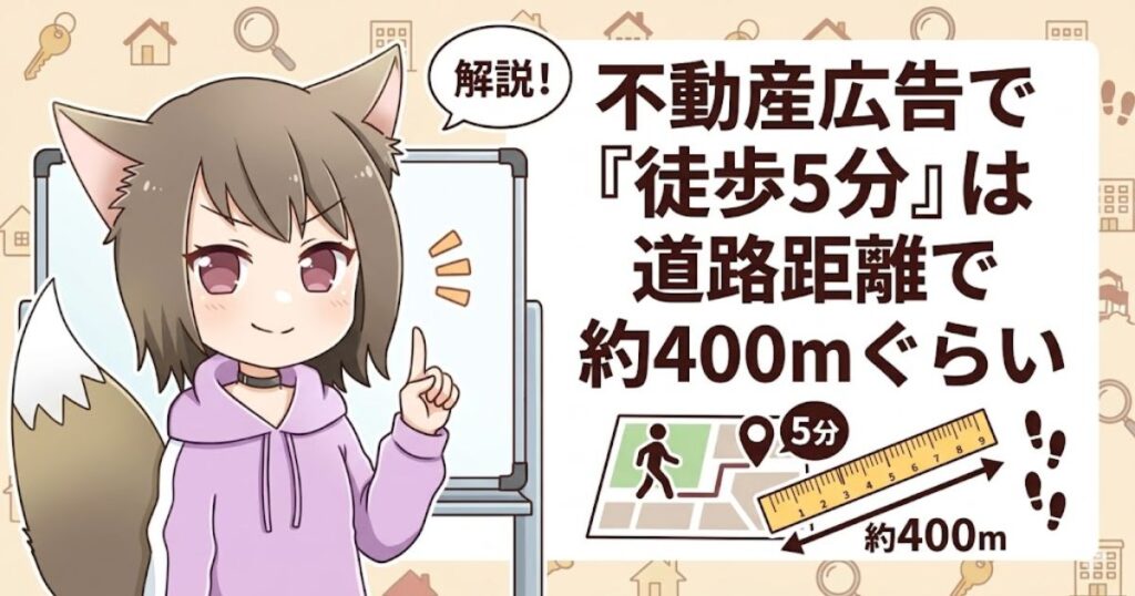 不動産広告における「徒歩5分」は道路距離で約400mであることを解説するイラスト